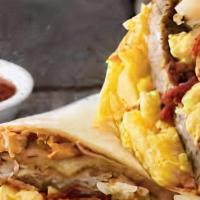 Big Breakfast Burrito · Bacon, Sausage, Hash Brown, 3 eggs scrambled with cheddar cheese jalapeno salsa cream cheese...