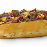 Manhattan Cheese Steak Sandwich · Steak, America cheese, grilled red onions, and roasted red peppers. Served with pickle and p...
