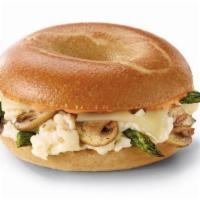 Asparagus & Mushroom Egg White Sandwich · Thintastic bagel, swiss cheese, and creamy tomato spread. 380 calories.