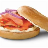 Nova Lox Sandwich · Bagel with cream cheese, sliced red onion, and capers.