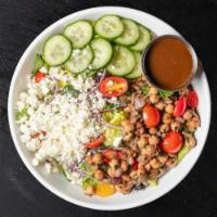 Entree The Greek (Gf) · Organic baby greens, organic baby kale, feta, marinated chickpeas, organic cucumber, organic...