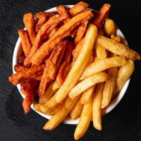 Side French Fries & Organic Sweet Fries (Gf,V) · A mix of Maine potatoes & sweet potatoes. (280 cal)