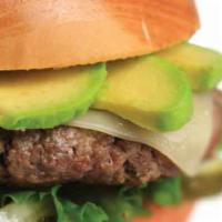 Avocado Swiss Burger · 100% Beef patty served with lettuce, tomato, pickles, grilled onions topped with melted Swis...