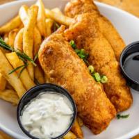 Fish And Chips · Beer battered cod served with coleslaw, malt vinegar and fries.