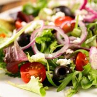 Sml Mediterranean Salad · Mixed greens, romaine, tomatoes, onions, red cabbage, frayed carrots, olives, chickpeas  & c...