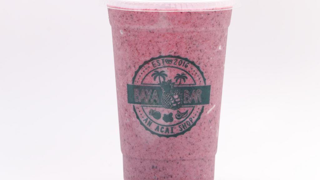 Baya Blues Smoothie · Mango, blueberry, pineapple, coconut milk, organic cold pressed apple juice.