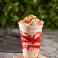 (Shake 16 Oz) Fruity Blast  · 16 oz fruit pebbles, vanilla ice cream, whipped cream, and strawberry syrup drizzled on top.