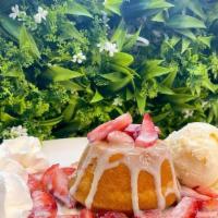 Strawberry Butter Cake  · Round butter cake with fresh strawberries drizzled with condensed milk and 2 scoops of vanil...
