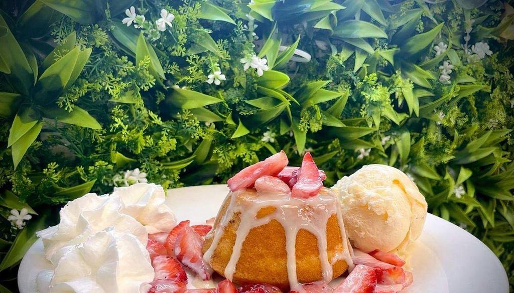 Strawberry Butter Cake  · Round butter cake with fresh strawberries drizzled with condensed milk and 2 scoops of vanilla ice cream