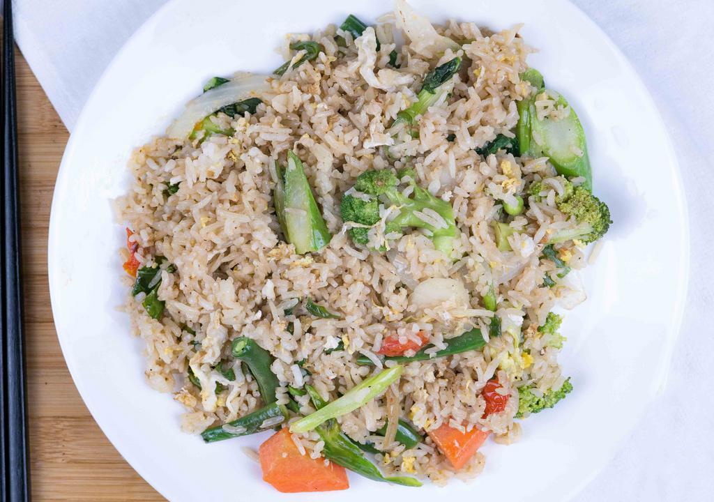 Thai Fried Rice Lunch · Sautéed rice with egg, onions, tomatoes, Chinese broccoli and scallions. Served with choice of side.