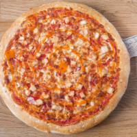 Buffalo Chicken Pizza · Features a thin and crispy crust with Buffalo wing sauce topped with diced chicken breast, o...