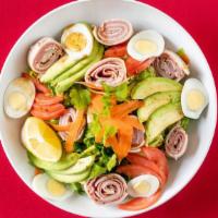 Modern Chef'S Salad · Corned beef and smoked turkey cut into quarter inch, diced ripe avocado, cherry tomatoes, ha...