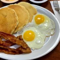 Pancakes With Two Eggs Turkey Bacon · 