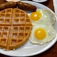 Belgian Waffle With Two Eggs And Turkey Sausage · 