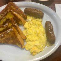 French Toast With Two Eggs And Sausage · 