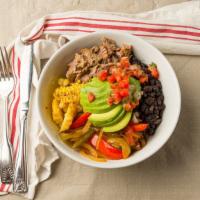 Bowls · With rice, peppers, black beans, sliced avocado, and fresh corn.
