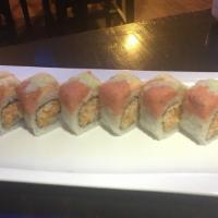 Webster Roll · Spicy shrimp and avocado inside/topped with half snow crab and half spicy tuna /wasabi tobik...