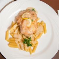 Francese · Battered in flour and eggs, simmered in a white wine lemon sauce.