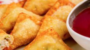 ​Crab Rangoon · 4 pieces of fried wonton wrapper filled with crab and cream cheese. comes with a side of swe...