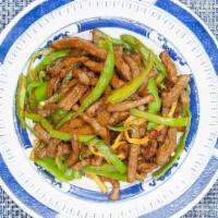 Shredded Beef With Asian Chili. · Shredded beef sautéed with Asian chili, scallions, bamboo shoots