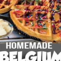 Homemade Belgium Waffle · Cooked to order!!! Served w/ Butter and syrup on the side!