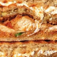The Francisco Panini · Chicken cutlet with breaded eggplant, mozzarella and vodka sauce. Served on grilled panini b...