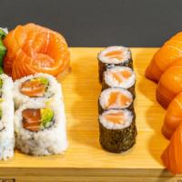 Combo 3 - All Salmon · 4 salmon nigiri, 4 salmon avocado, 2 salmon sashimi, and 1 hand roll salmon avocado.
