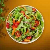 Garden House Salad · Crispy leaf lettuce, romaine lettuce, cucumbers, carrots, tomatoes and fresh bell peppers.