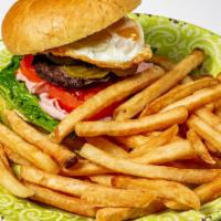 Beef Hamburger · Served with lettuce, tomato, muenster cheese, fried egg, ham, and pickle. Includes fries or ...