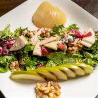 Poached Pear Salad · Gluten-Free, baby arugula, riesling poached pear, goat cheese, candied walnuts, apple, walnu...