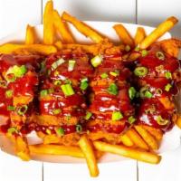 4 Piece Sweet Bbq Tenders & Fries · 4 Chicken Tenders sauced with Sweet BBQ & topped with Scallions served over Fries.