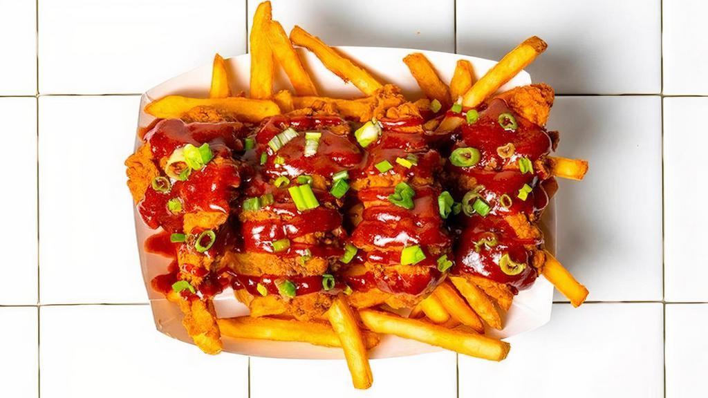 4 Piece Sweet Bbq Tenders & Fries · 4 Chicken Tenders sauced with Sweet BBQ & topped with Scallions served over Fries.