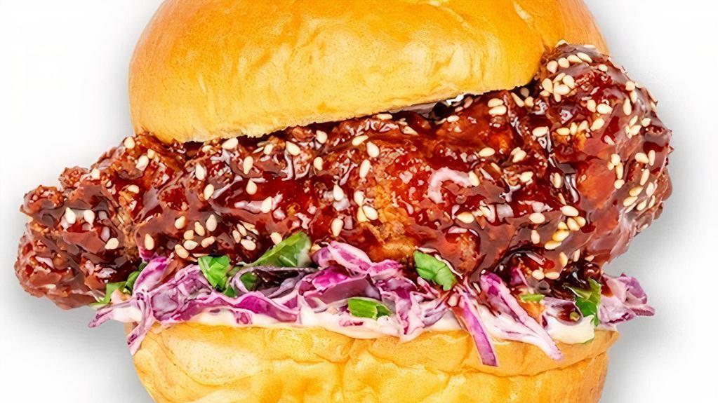 Korean Bbq · Korean Sticky Glazed Crispy Chicken, Sesame Seeds, Mayo & Asian Slaw.