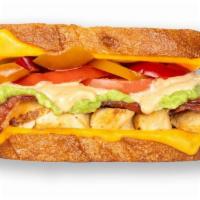 Chipotle Chicken Melt · Grilled Chicken, Bacon, Avocado Mash, Pepper Jack, Cherry Peppers, Tomato & Chipotle Mayo.