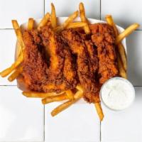 4 Piece Nashville Hot & Fries · 4 Piece Nashville Tenders served over fries with a side of ranch.