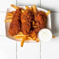 3 Piece Nashville Hot & Fries · 3 Piece Nashville Tenders served over fries with a side of ranch.