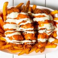 3 Piece Buffalo Tenders & Fries · 3 Chicken Tenders sauced with Buffalo Sauce & Ranch served over Fries.