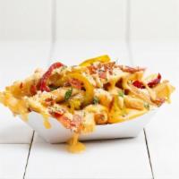 Loaded Fries · Bacon, Peppers, Herbed Parmesan & Housemade Cheese Sauce on French Fries.