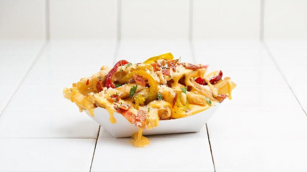 Loaded Fries · Bacon, Cheery Peppers, Herbed Parmesan, Melt Sauce & Cheese Sauce.