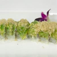High Maintenance Roll · Spicy kani, shrimp tempura top with avocado and tempura flakes.