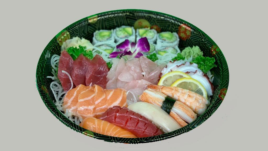 Sushi & Sashimi Combination · 5 pieces of sushi, 13 pieces of sashimi and California roll.