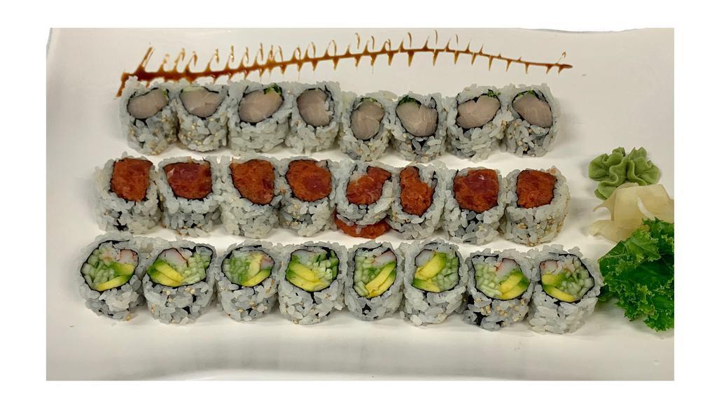Three Roll Combination · Spicy tuna roll, California roll and yellowtail scallion roll.