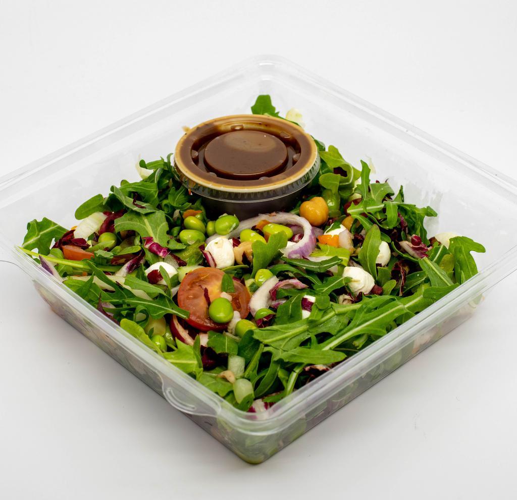 Protein Pack Garden Salad · Fennel, red onion, cucumber, orange bell pepper, red & yellow grape tomatoes, chickpeas, edamame, mozzarella and balsamic vinaigrette over a mixture of radicchio and arugula.