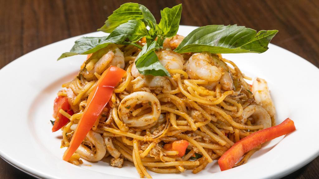 Spicy Noodle (Pad Kee-Mao) · Hot. Sautéed with egg garlic chili, bamboo, string bean, carrot,onion, bell pepper, basil and chili paste.