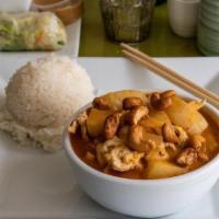 Massaman Curry · Gluten free, hot. With potato, onion and peanut in massaman curry.