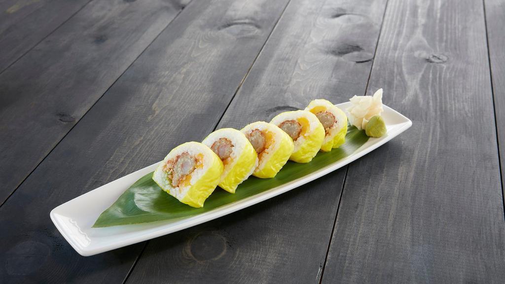 Coconut Shrimp · Toasted macadamia nuts, mango, cucumber, hibiscus nectar cream cheese, soy paper.
