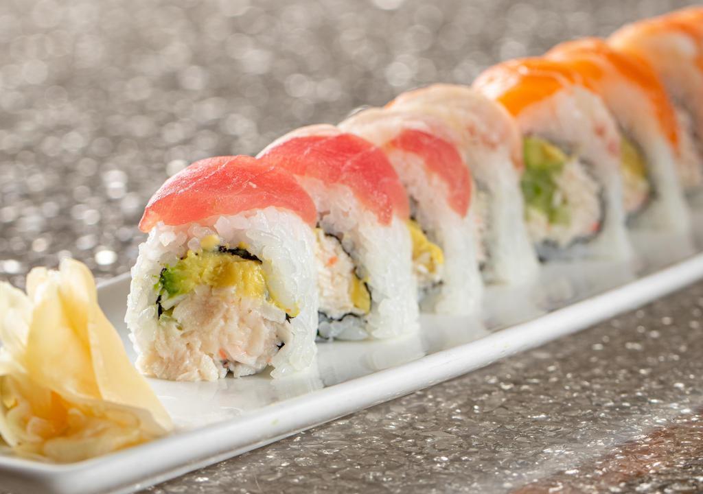 Rainbow · California roll, tuna, salmon, shrimp, yellowtail.