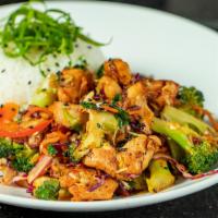 Kona Stir-Fry · Chicken, carrot, cabbage, cilantro, chili-garlic sauce, broccoli, bell pepper, sesame, jasmi...