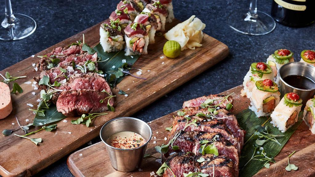 Surf & Turf · Select any kona signature or traditional roll | select one: kona filet, NY strip, or big island ribeye includes green beans & miso whipped or crispy garlic fingerlings