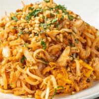 Pad Thai Noodles · Chicken, rice noodles, egg, bean sprouts, cilantro, peanuts, pad Thai sauce.